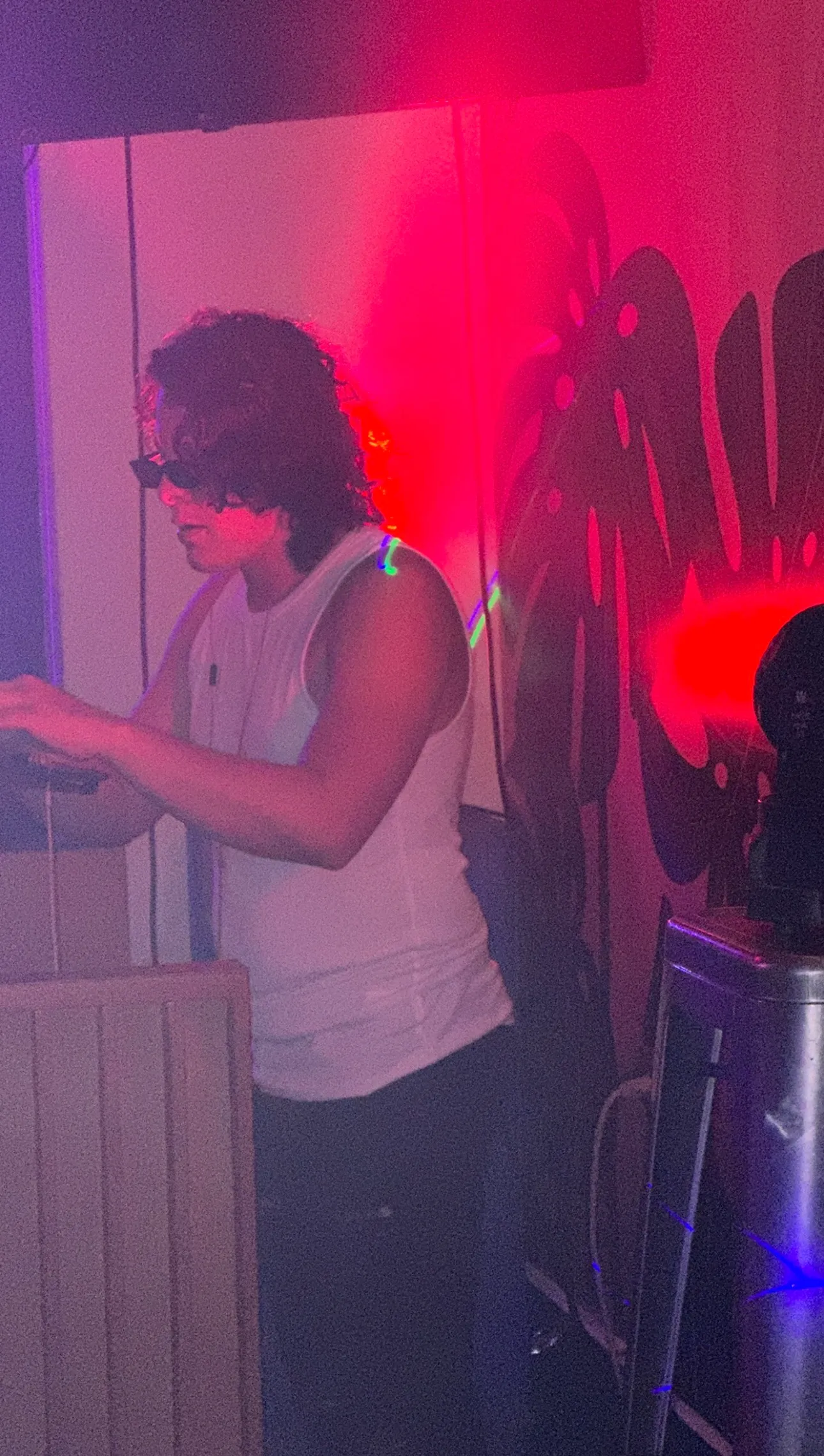 DJ Luna mezclando en la cabina con mural tropical