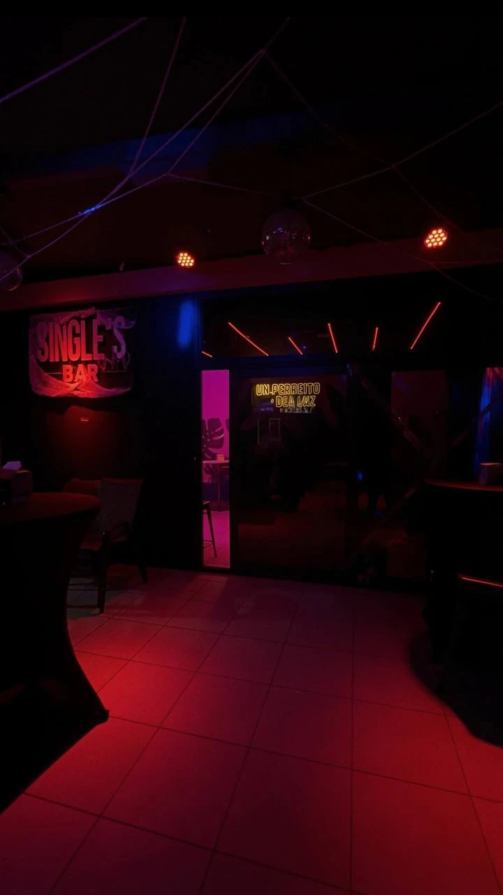 Entrada a la pista con neón Un Perreito a Poca Luz y luces rojas en Single's Bar